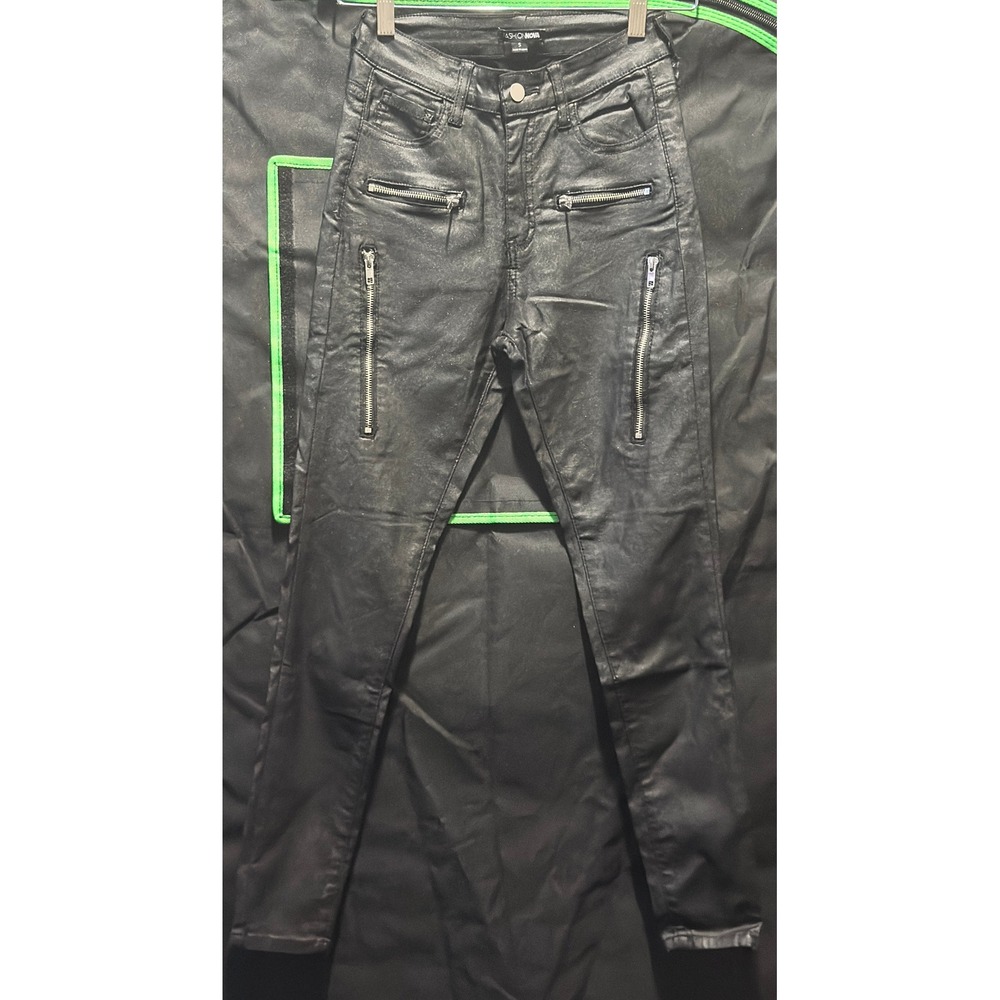 Size Small - Fashion Nova Black Coated Moto Skinny Jeans High Waisted Zipper